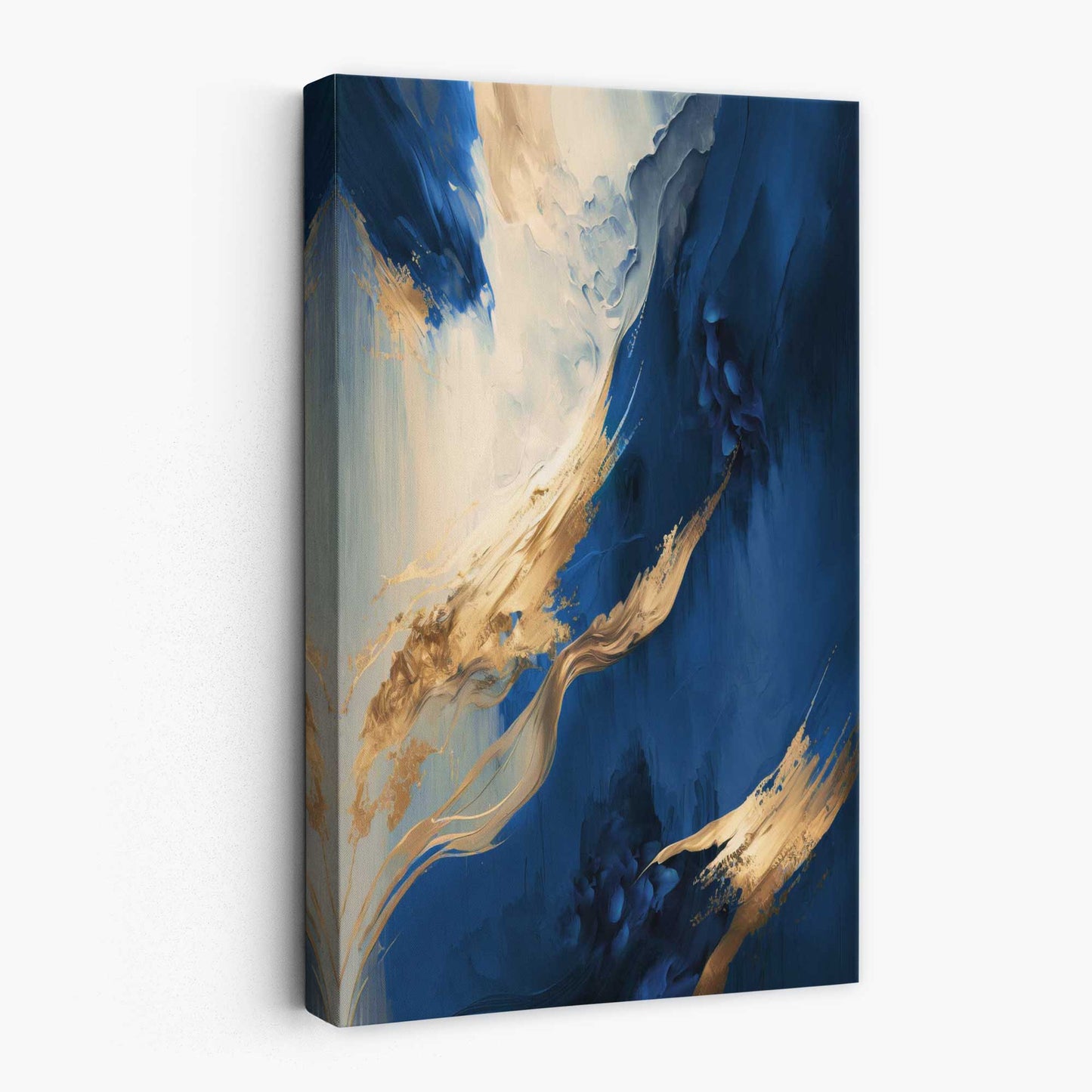 Abstraktes Wandbild auf Leinwand in Blau und Gold, Farbstreifen Nr. 1