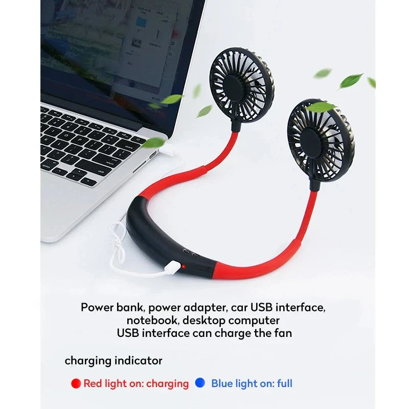 USB Tragbarer Freisprechhalsventilator - Wiederaufladbarer Mini-Sportventilator, 3-Geschwindigkeitsverstellbarer Dualventilator für Zuhause, Büro & Außeneinsatz | Brehn