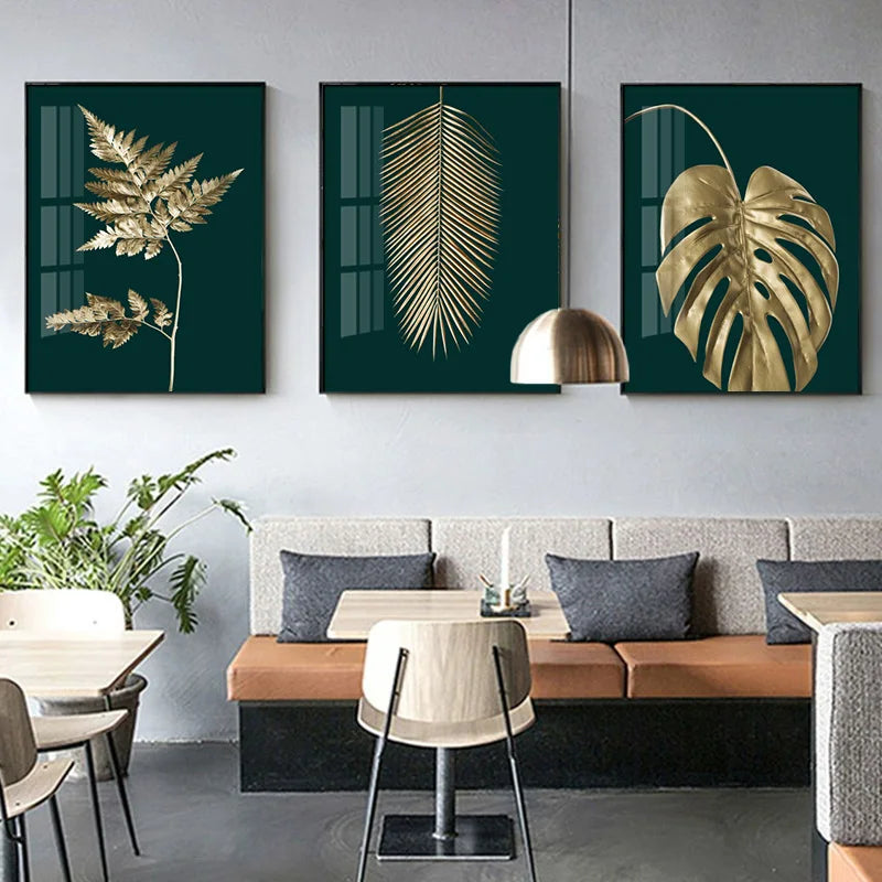 Abstrakte tropische Botanik goldene Blätter Wandkunst Feine Kunst Leinwanddrucke Bilder für Wohnzimmer Esszimmer Licht Luxus Wohnkultur | Brehn