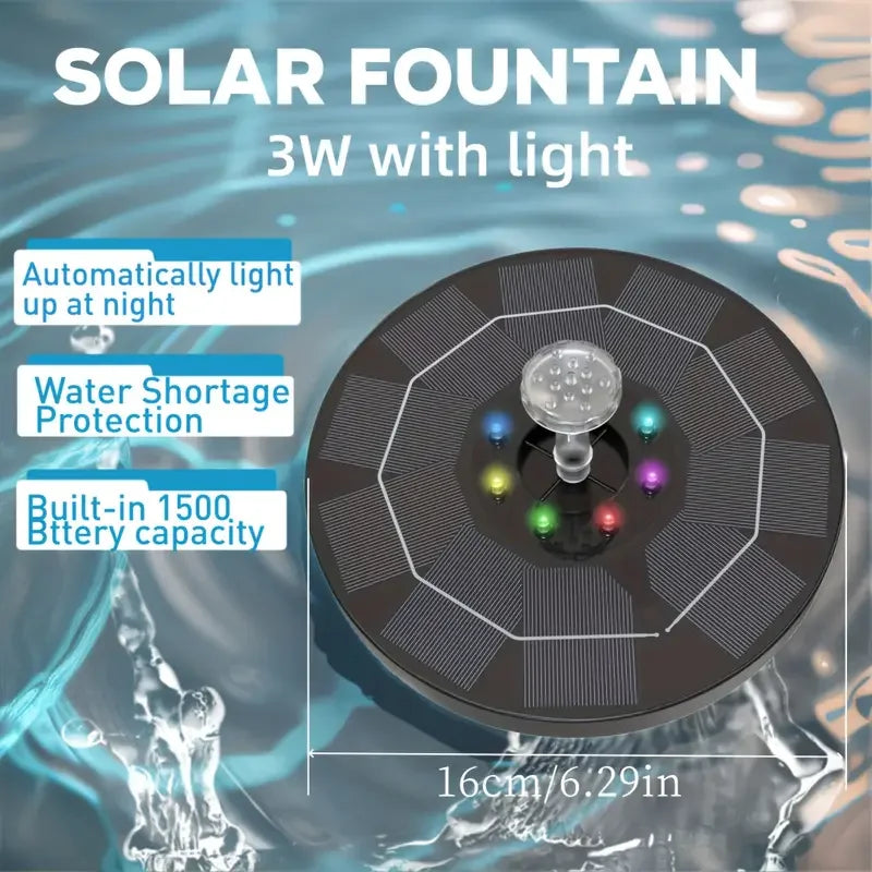 Brehn | Solarbrunnen LumiFonte 3.5W | Mit RGB-LED & 6 Düsen | 1500 mAh Akku & Filtersystem | Für Vogelbad, Teich & Garten