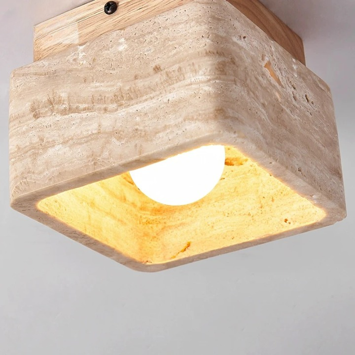 Brehn | Quadratische Travertin- und Holz-LED-Deckenleuchte