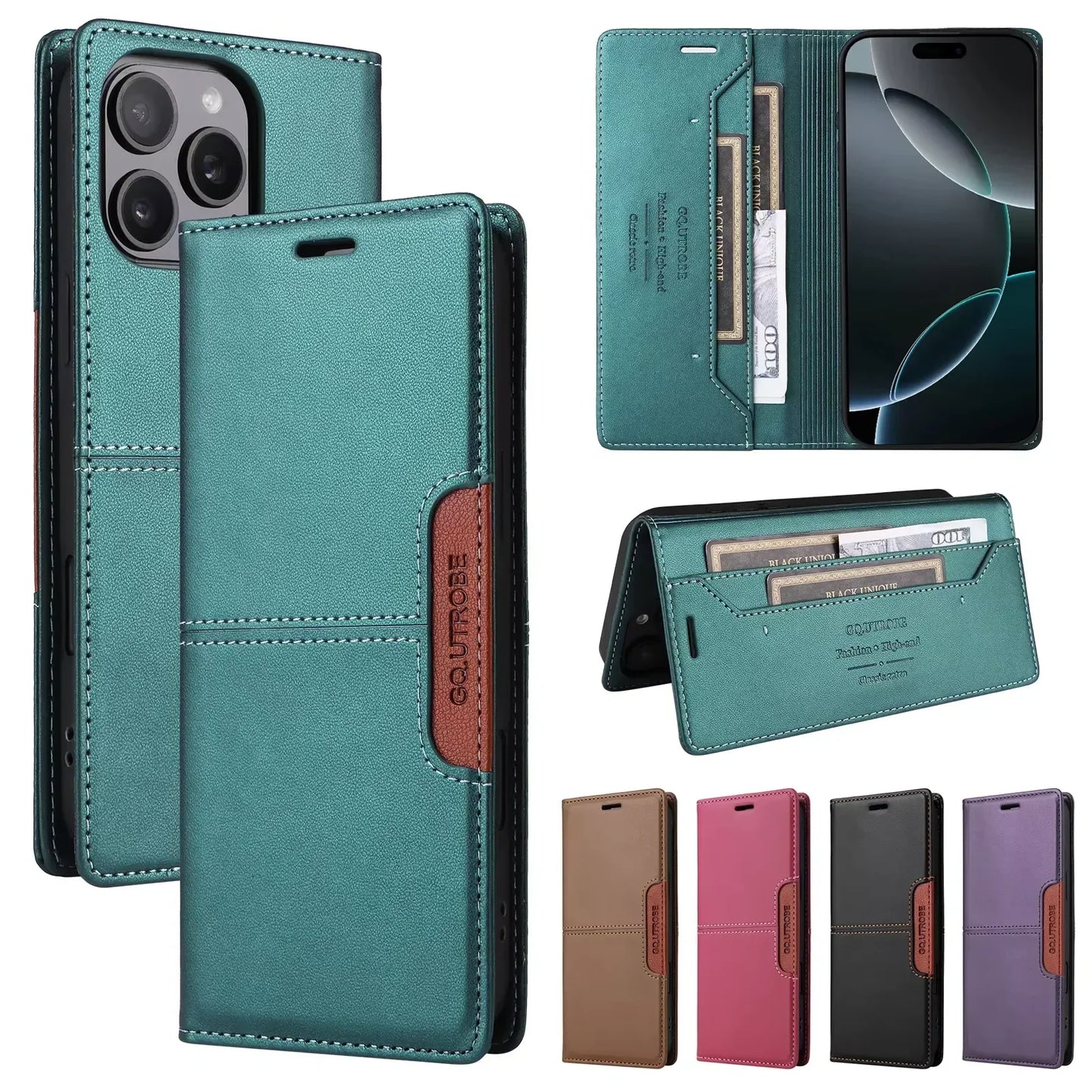 BowLift | RFID Leather iPhone 16/15 Magnetic Flip Wallet Case