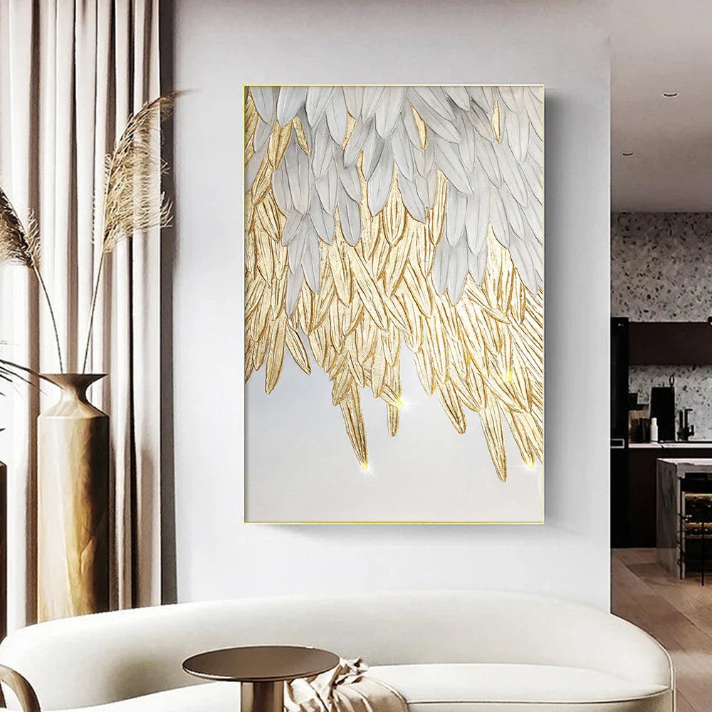 Modern abstraktes goldenes Federdesign Wandkunst Feine Kunst Leinwanddrucke Bild für Luxus-Wohnzimmer Schlafzimmer Eingangsbereich Foyer Kunst Dekor | Brehn