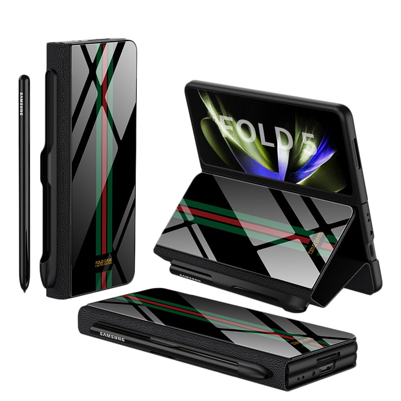 Brehn | Stoßfeste Rüstungshülle Hülle Glas Abdeckung Ständer Einfügkarte Lederhülle für Samsung Galaxy Z Fold 5/4