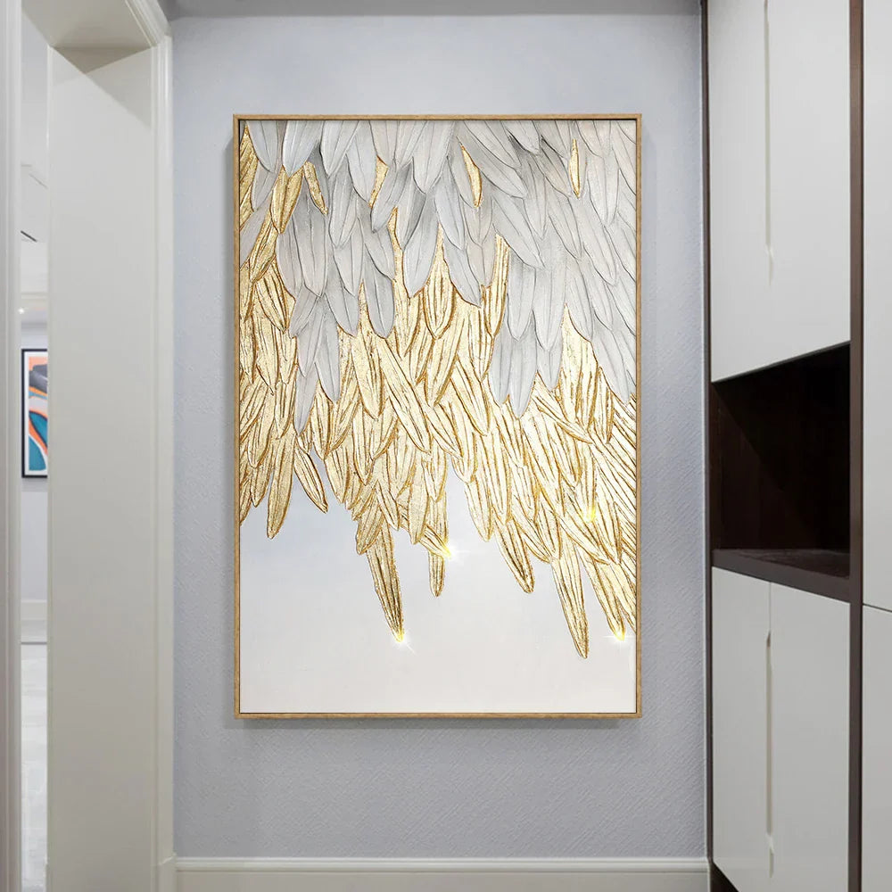 Modern abstraktes goldenes Federdesign Wandkunst Feine Kunst Leinwanddrucke Bild für Luxus-Wohnzimmer Schlafzimmer Eingangsbereich Foyer Kunst Dekor | Brehn