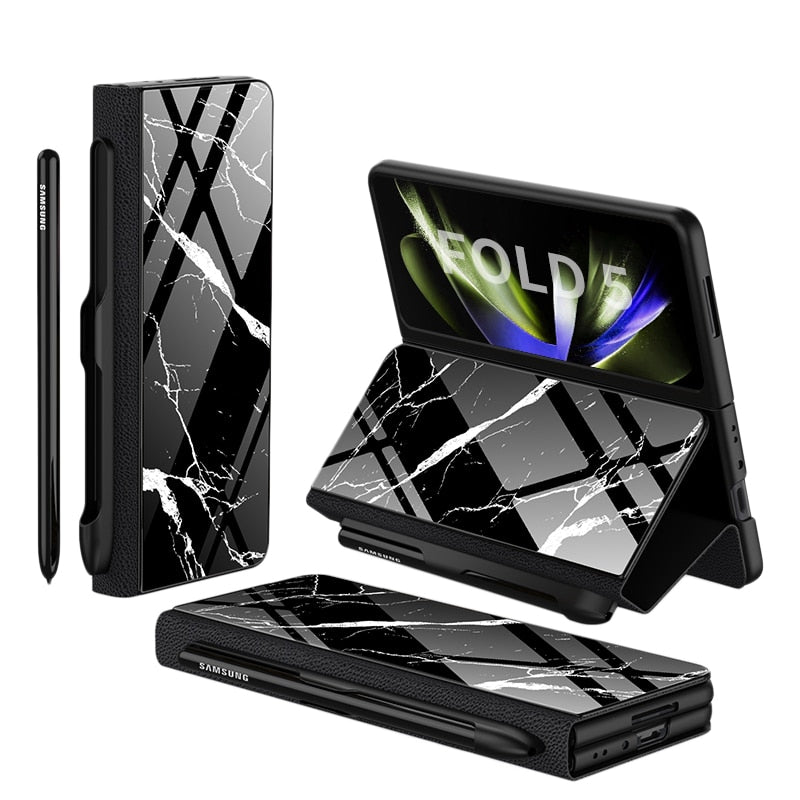 Brehn | Stoßfeste Rüstungshülle Hülle Glas Abdeckung Ständer Einfügkarte Lederhülle für Samsung Galaxy Z Fold 5/4