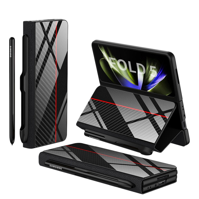Brehn | Stoßfeste Rüstungshülle Hülle Glas Abdeckung Ständer Einfügkarte Lederhülle für Samsung Galaxy Z Fold 5/4