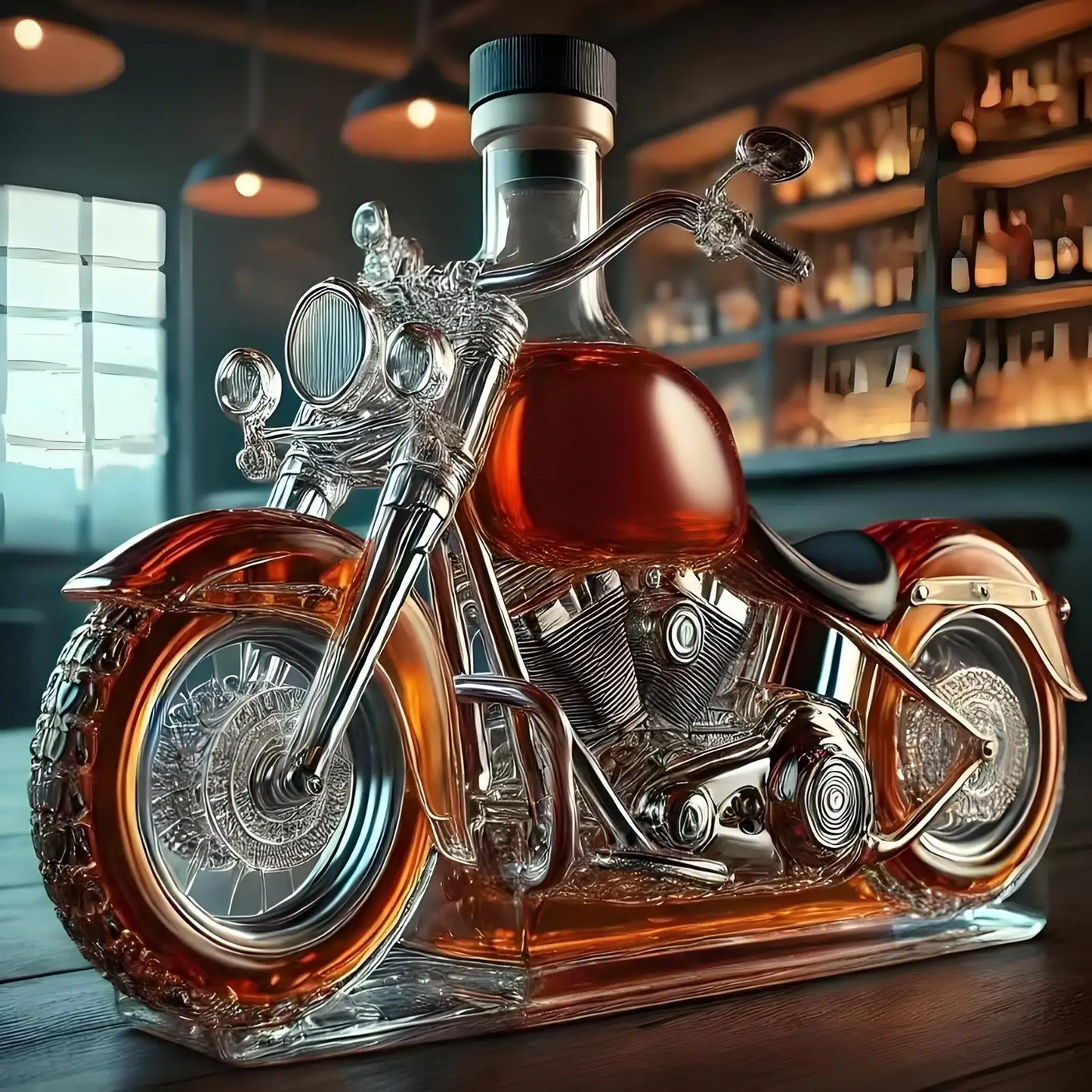 Whiskykaraffe in Form eines Harley-Davidson-Motorrads für die Hausbar