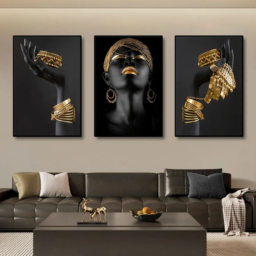 Set aus 3 Stück Schwarz Goldene Frauenporträt Wandkunst Feine Kunst Leinwanddrucke Bilder Für Luxuriöses Wohnzimmer Esszimmer Home Office Dekor | Brehn