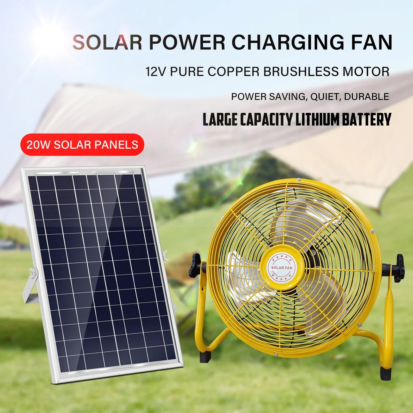 214-Zoll Tragbarer Wiederaufladbarer Tischventilator – Solar- und AC-betriebene Dual-Input für Zuhause, Camping und Angeln | Brehn