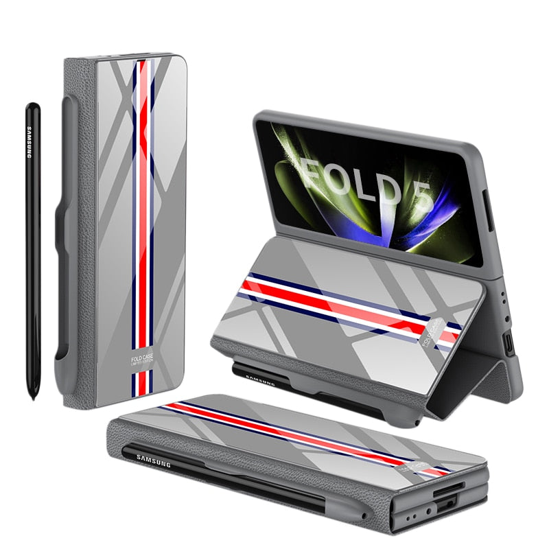 Brehn | Stoßfeste Rüstungshülle Hülle Glas Abdeckung Ständer Einfügkarte Lederhülle für Samsung Galaxy Z Fold 5/4