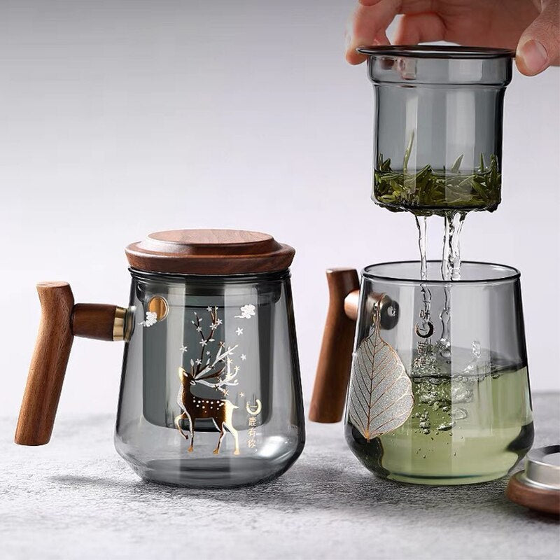 Premium Glas Teetasse mit Filter und Holzgriff, 470ml