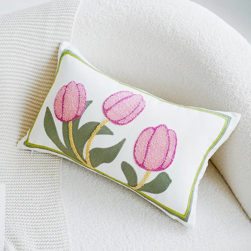 Grüner & Pink Tulpe Bestickter Kissenbezug | Brehn
