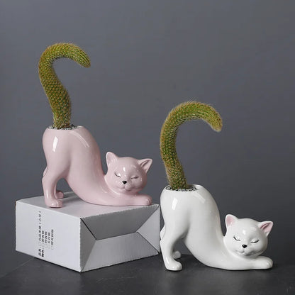 Niedlicher Katzen-Blumentopf - Glasiertes Porzellan-Sukkulenten-Planter | Brehn