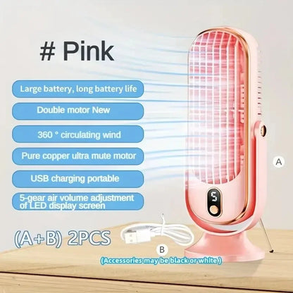 Große Batterie Doppelmotor Haushaltskühler, 5-Geschwindigkeits-Luftkühlungsventilator 720 ° Surround-Luftbläser, tragbarer USB-Ventilator | Brehn
