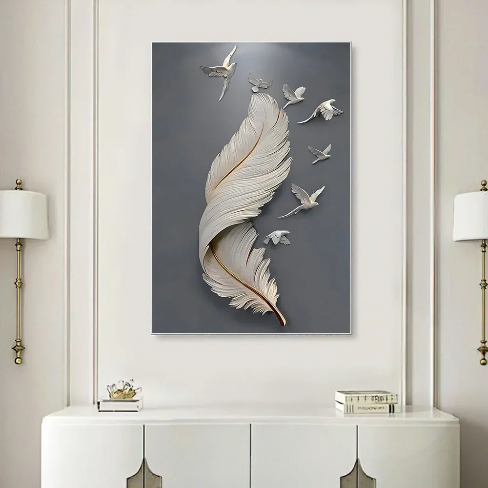 Sieben Vögel Feder Wandkunst Fine Art Leinwanddrucke 3D Visualisierung Minimalistische abstrakte Bilder für Wohnzimmer Eingang, Foyer Kunst Dekor | Brehn