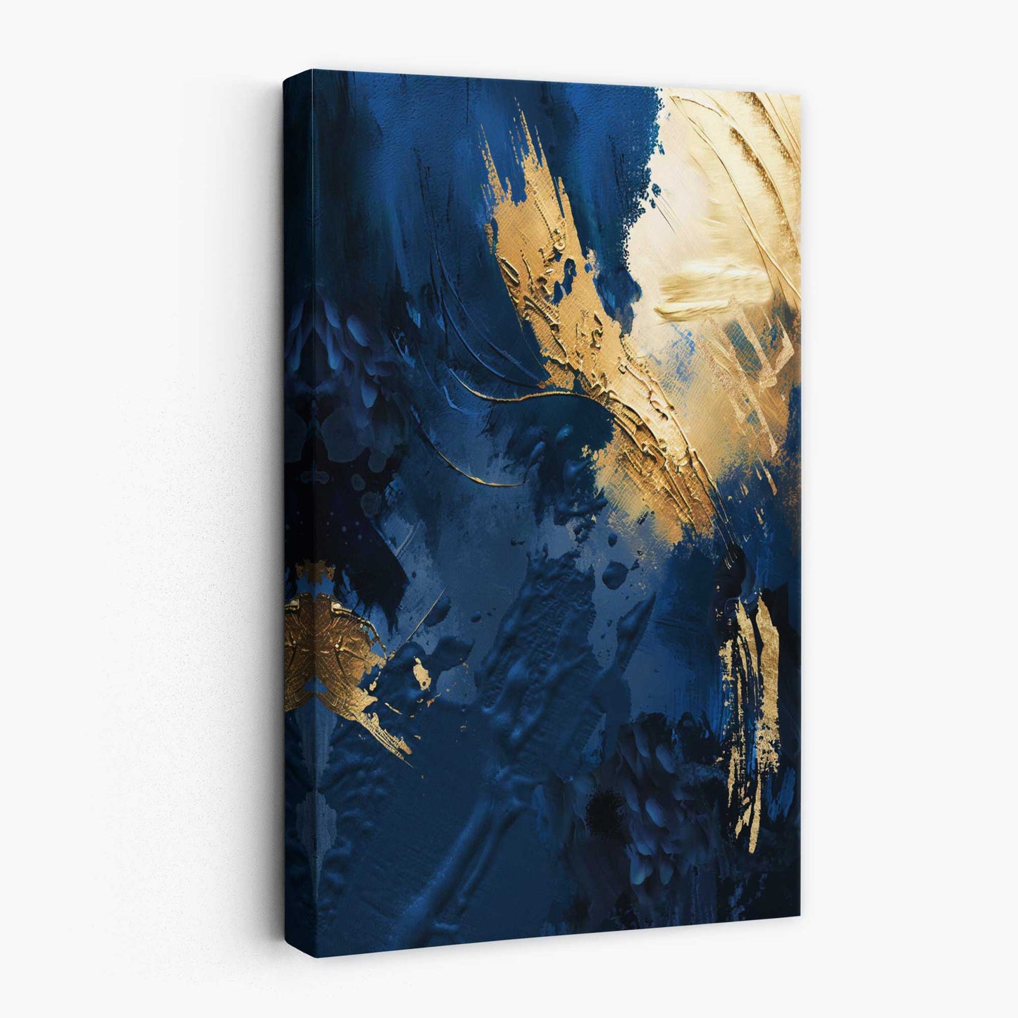 Abstraktes Wandbild auf Leinwand in Blau und Gold, Farbstriche Nr. 2