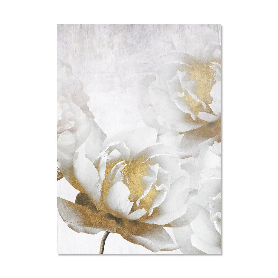 Opulente Blüten Elegante Weiße Blumen mit Goldakzenten Leinwand Wandkunst Feine Kunstleinwand Drucke Poster Florale Bilder Für Modernes Wohnzimmer | Brehn
