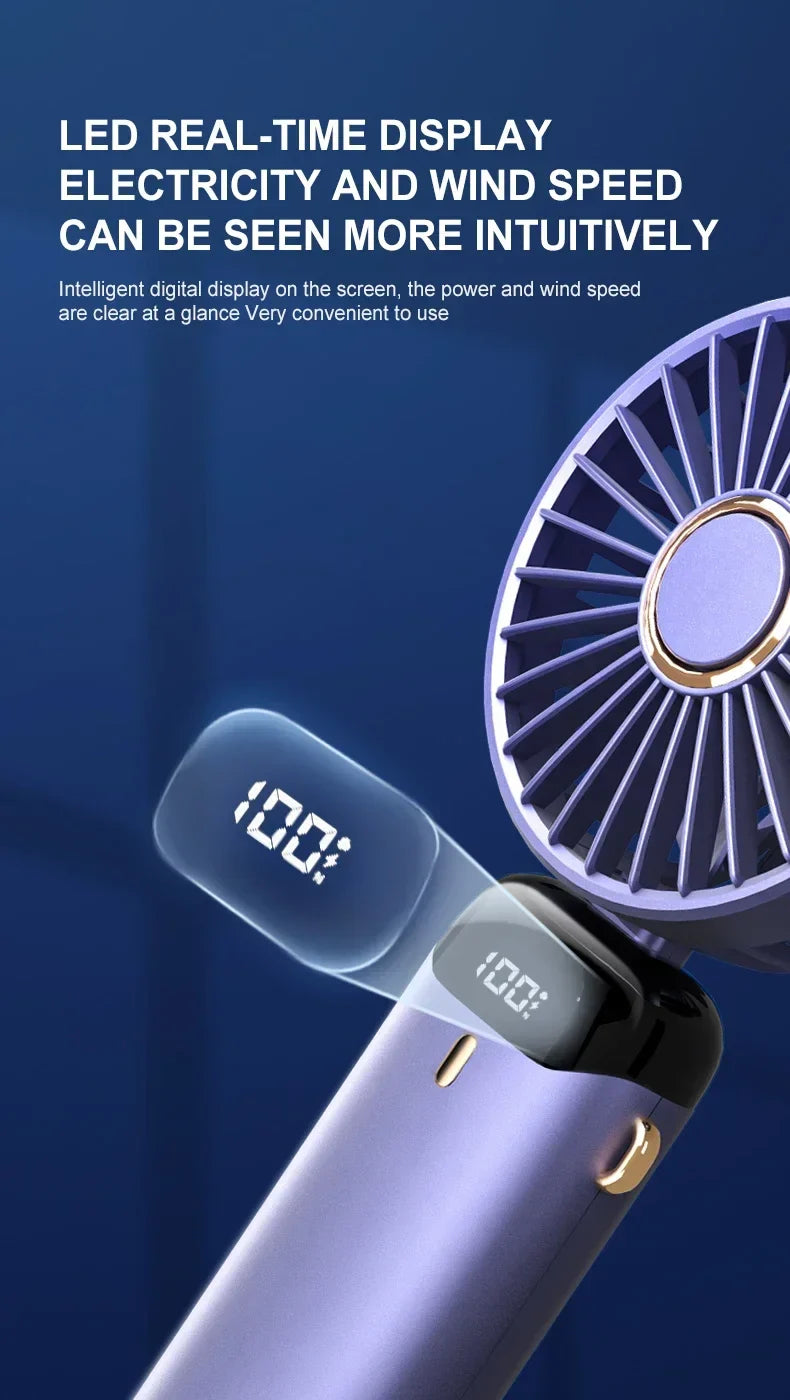 5000mAh Handheld Mini Ventilator – Kabelloser USB wiederaufladbarer tragbarer Ventilator mit digitaler Anzeige, Telefonhalter, 5-Geschwindigkeits faltbarer Nacken-Hängevantilator | Brehn