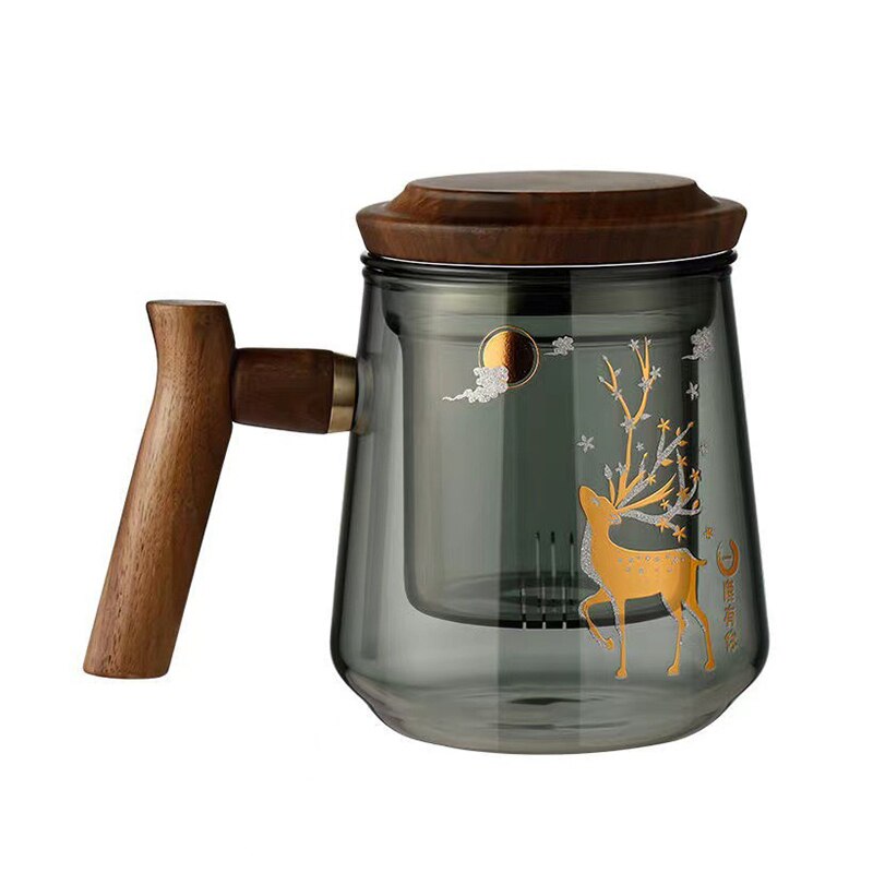 Premium Glas Teetasse mit Filter und Holzgriff, 470ml