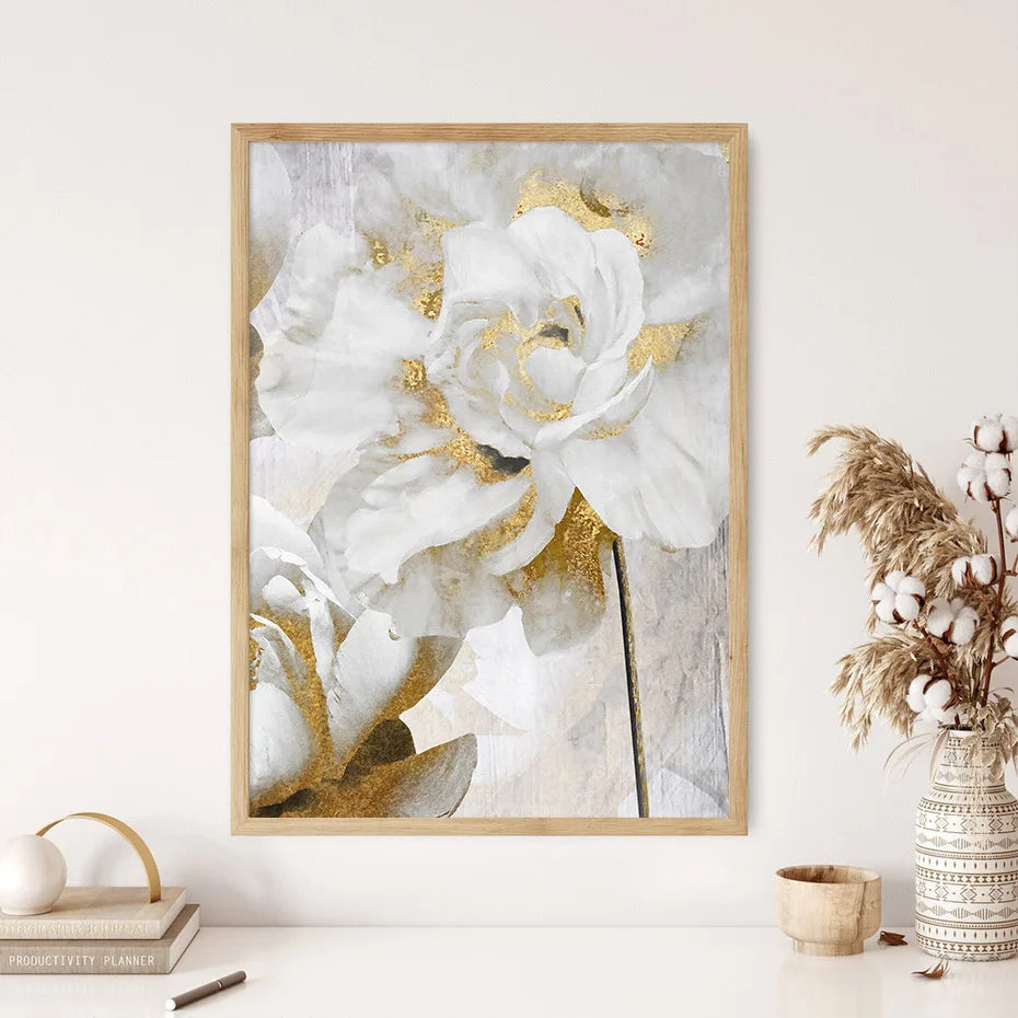 Opulente Blüten Elegante Weiße Blumen mit Goldakzenten Leinwand Wandkunst Feine Kunstleinwand Drucke Poster Florale Bilder Für Modernes Wohnzimmer | Brehn