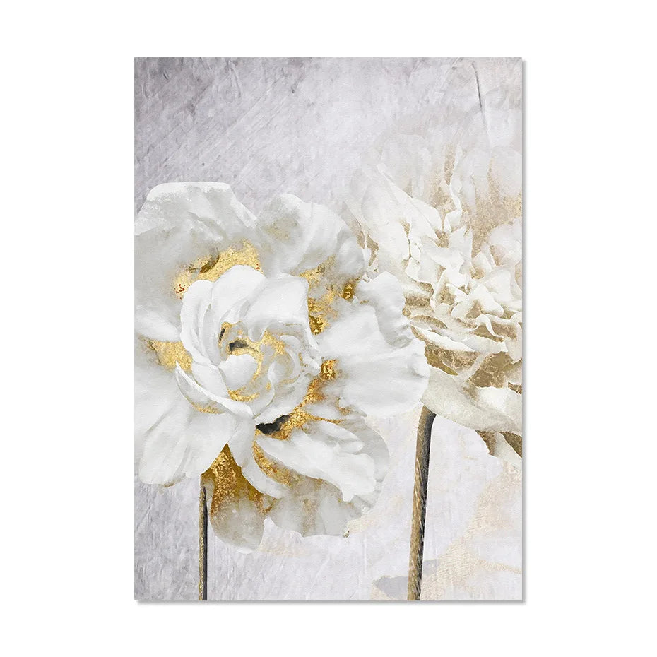 Opulente Blüten Elegante Weiße Blumen mit Goldakzenten Leinwand Wandkunst Feine Kunstleinwand Drucke Poster Florale Bilder Für Modernes Wohnzimmer | Brehn