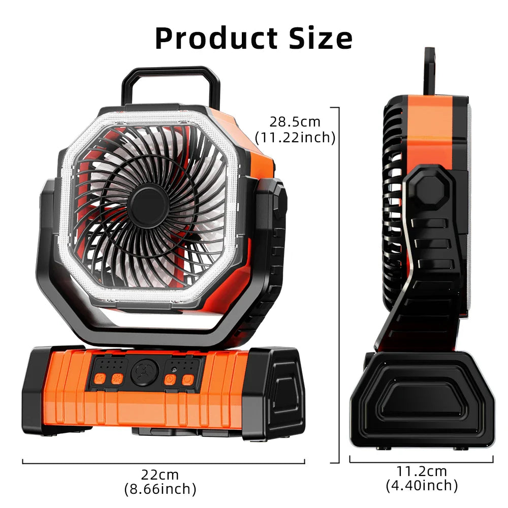 20000mAh Tragbarer Wiederaufladbarer Ventilator — Akku-Betriebene Tisch- & Camping-Lüfter mit LED-Licht & Haken für Zelt, Auto und Outdoor-Ausflüge | Brehn