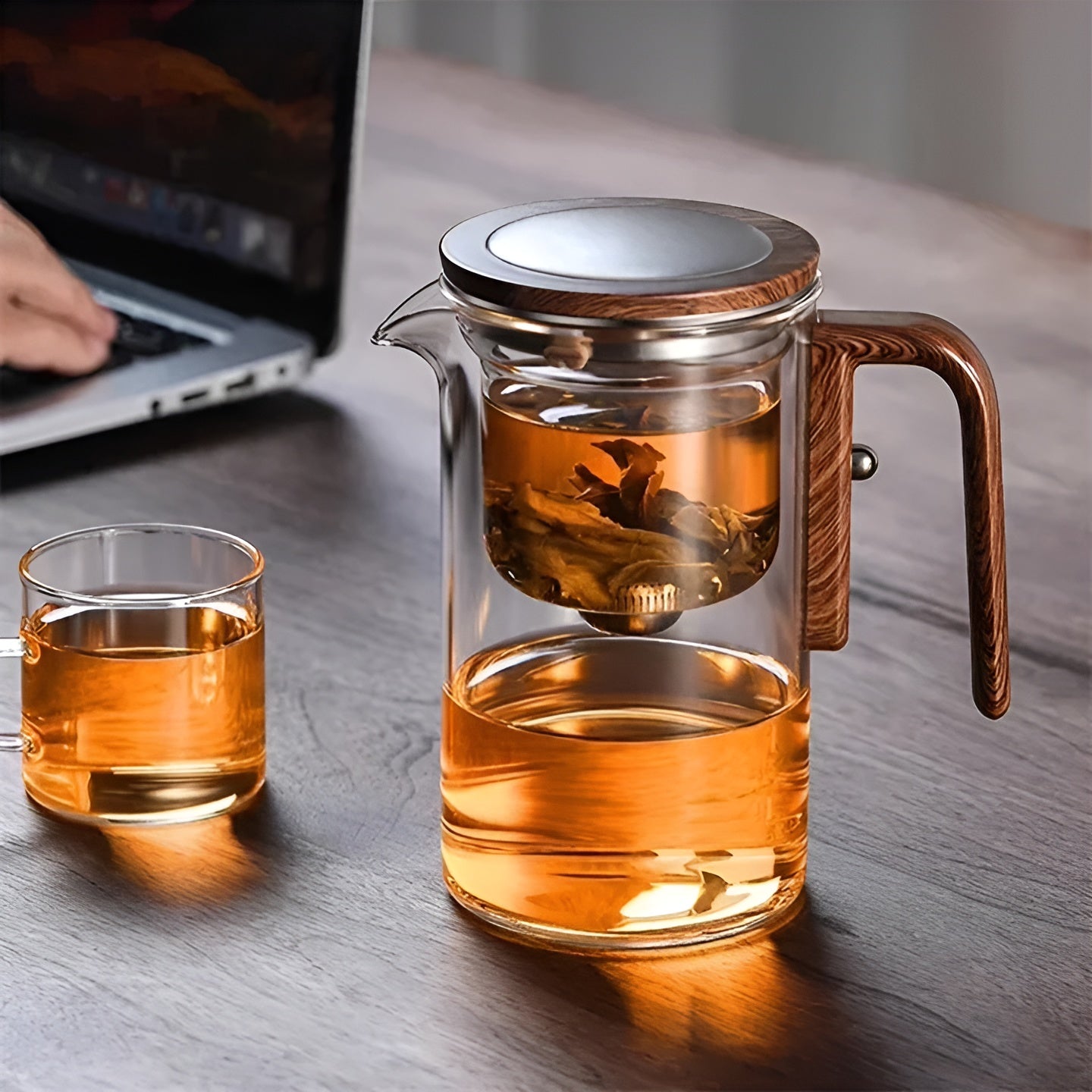 Teekanne aus Glas mit Holzgriff – Filter mit einem Klick | Ideal für loses Tee und Pu-Erh-Tee