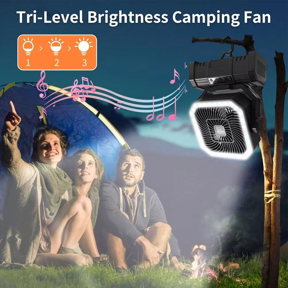 Wiederaufladbarer Campingventilator mit 20000mAh Batterie, 4 Geschwindigkeiten und LED Laterne | Brehn