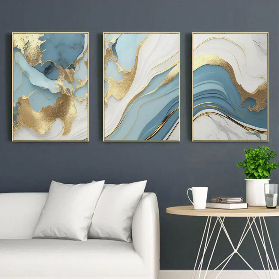 Modern Abstract Golden Blue Liquid Marble Print Wandkunst Fine Art Leinwanddrucke Bilder für Wohnzimmer Schlafzimmer Nordische Wohnkultur | Brehn