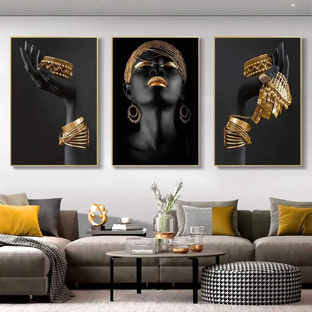 Set aus 3 Stück Schwarz Goldene Frauenporträt Wandkunst Feine Kunst Leinwanddrucke Bilder Für Luxuriöses Wohnzimmer Esszimmer Home Office Dekor | Brehn