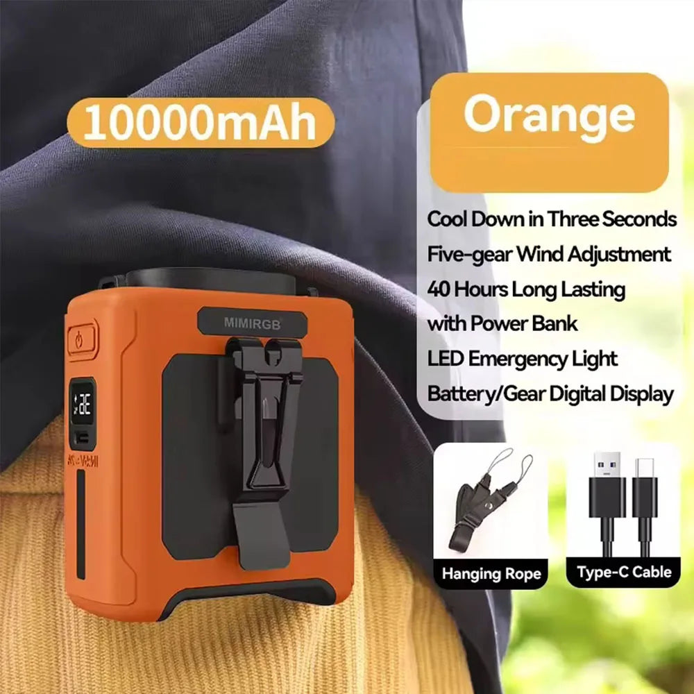 10000mAh Taillenklem Ventilator mit Power Bank – Tragbarer Freisprech-Akku Ventilator | 5-Geschwindigkeits-Kühlung, Batteriestatusanzeige, USB-Ladung, Tragbarer Ventilator für den Außenbereich | Brehn