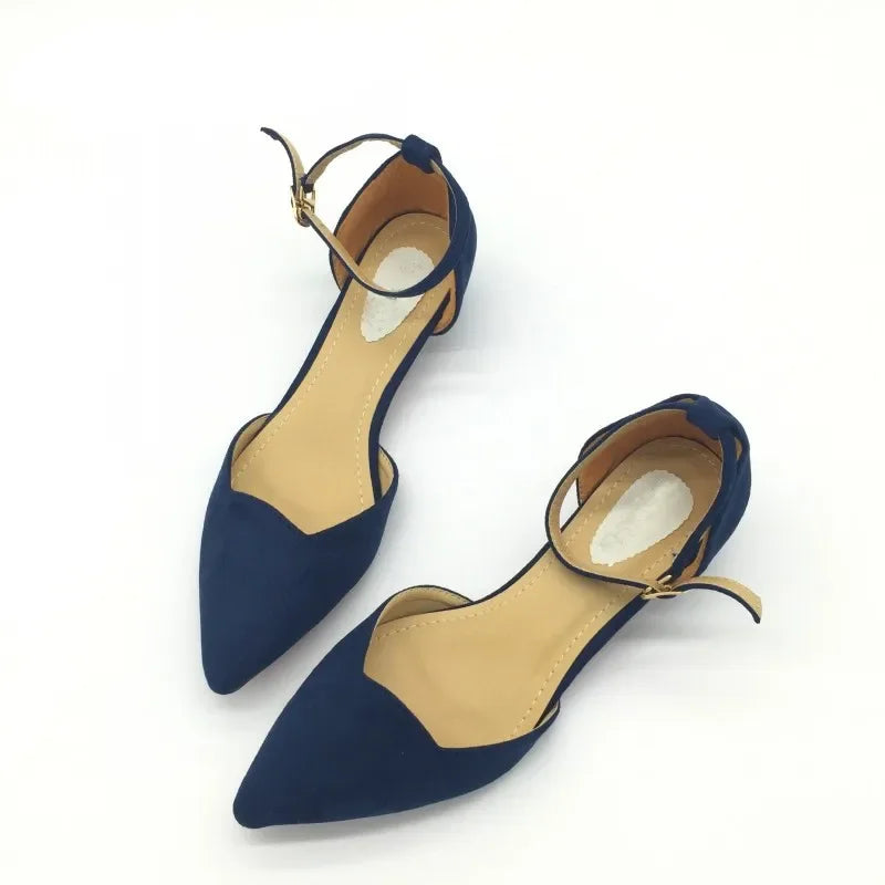 Brehn | Frauen Schnalle Riemen Niedrig Absätze Pumps Spitz Zehe Flock D'Orsay Absätze Schuhe Einzelschuh Blau