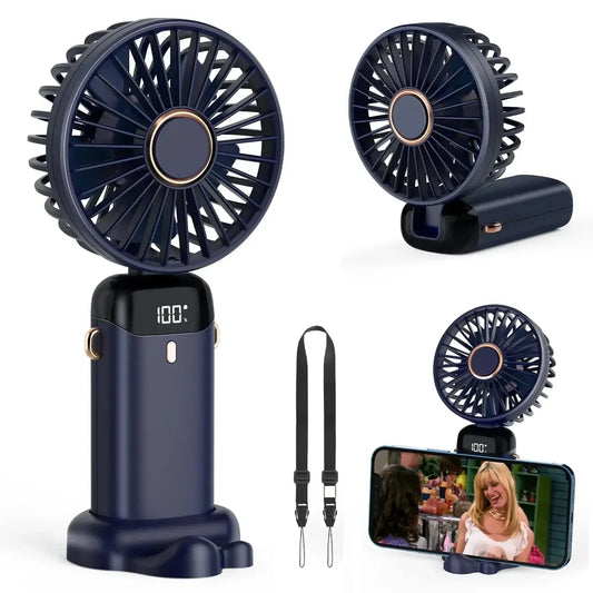 5000mAh Handheld Mini Ventilator – Kabelloser USB wiederaufladbarer tragbarer Ventilator mit digitaler Anzeige, Telefonhalter, 5-Geschwindigkeits faltbarer Nacken-Hängevantilator | Brehn