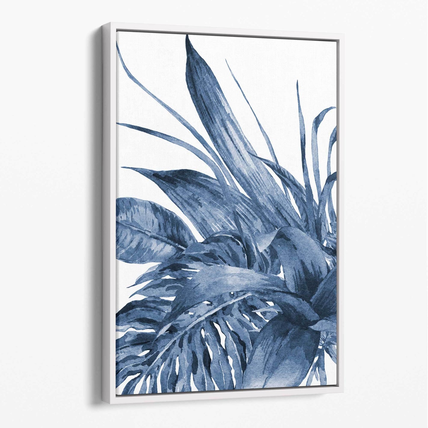 Abstrakte Leinwand mit marineblauen tropischen Blättern