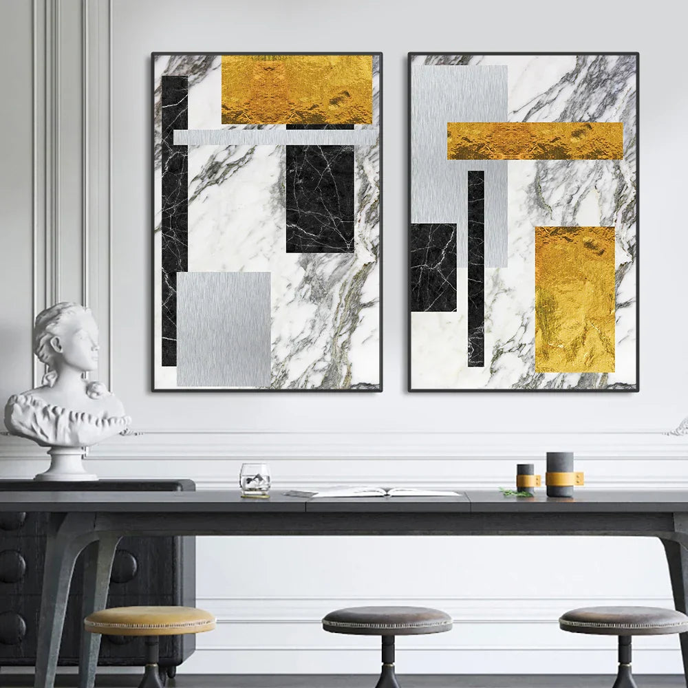 Schwarze Goldene Blockmarmor Abstrakte Wandkunst Feine Kunst Leinwanddrucke Moderne Geometrische Bilder Für Wohnzimmer Büro Kunst Dekor