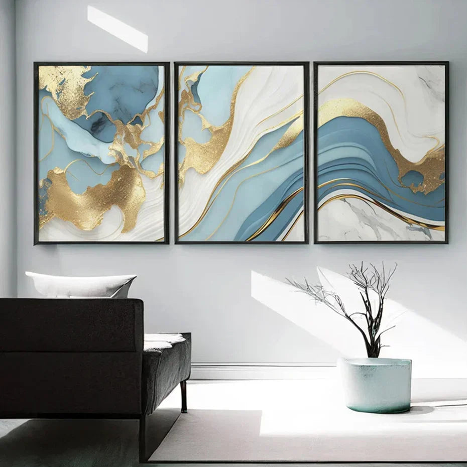 Modern Abstract Golden Blue Liquid Marble Print Wandkunst Fine Art Leinwanddrucke Bilder für Wohnzimmer Schlafzimmer Nordische Wohnkultur | Brehn