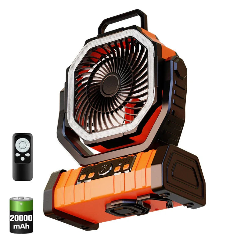 20000mAh Tragbarer Wiederaufladbarer Ventilator — Akku-Betriebene Tisch- & Camping-Lüfter mit LED-Licht & Haken für Zelt, Auto und Outdoor-Ausflüge | Brehn