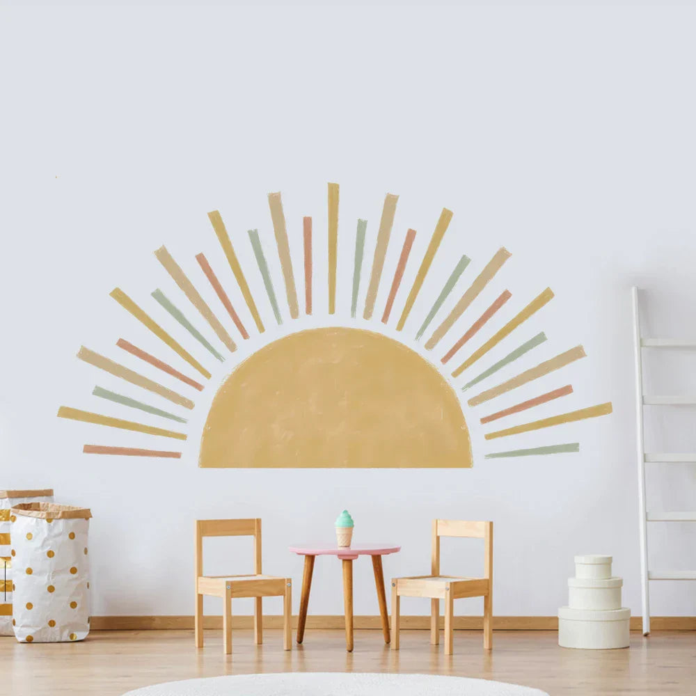 Großer Sonnen-Wandaufkleber für das Kinderzimmer Abnehmbarer Vinyl-Wandsticker für das Spielzimmer des Kindes Kreative bunte nordische Kinderzimmer DIY Heimdekoration