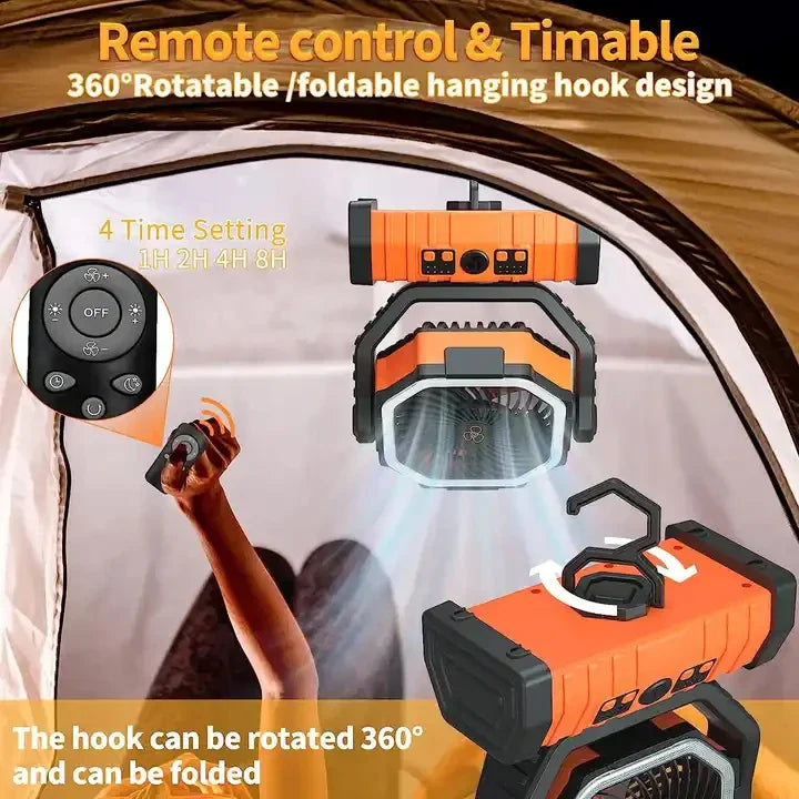 20000mAh Tragbarer Wiederaufladbarer Ventilator — Akku-Betriebene Tisch- & Camping-Lüfter mit LED-Licht & Haken für Zelt, Auto und Outdoor-Ausflüge | Brehn