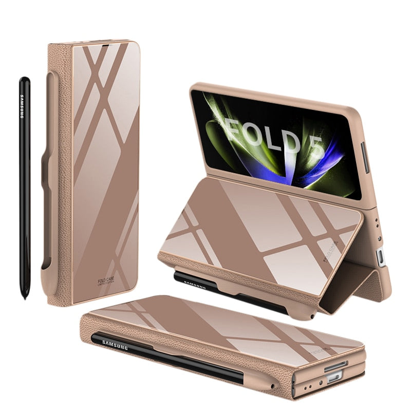 Brehn | Stoßfeste Rüstungshülle Hülle Glas Abdeckung Ständer Einfügkarte Lederhülle für Samsung Galaxy Z Fold 5/4
