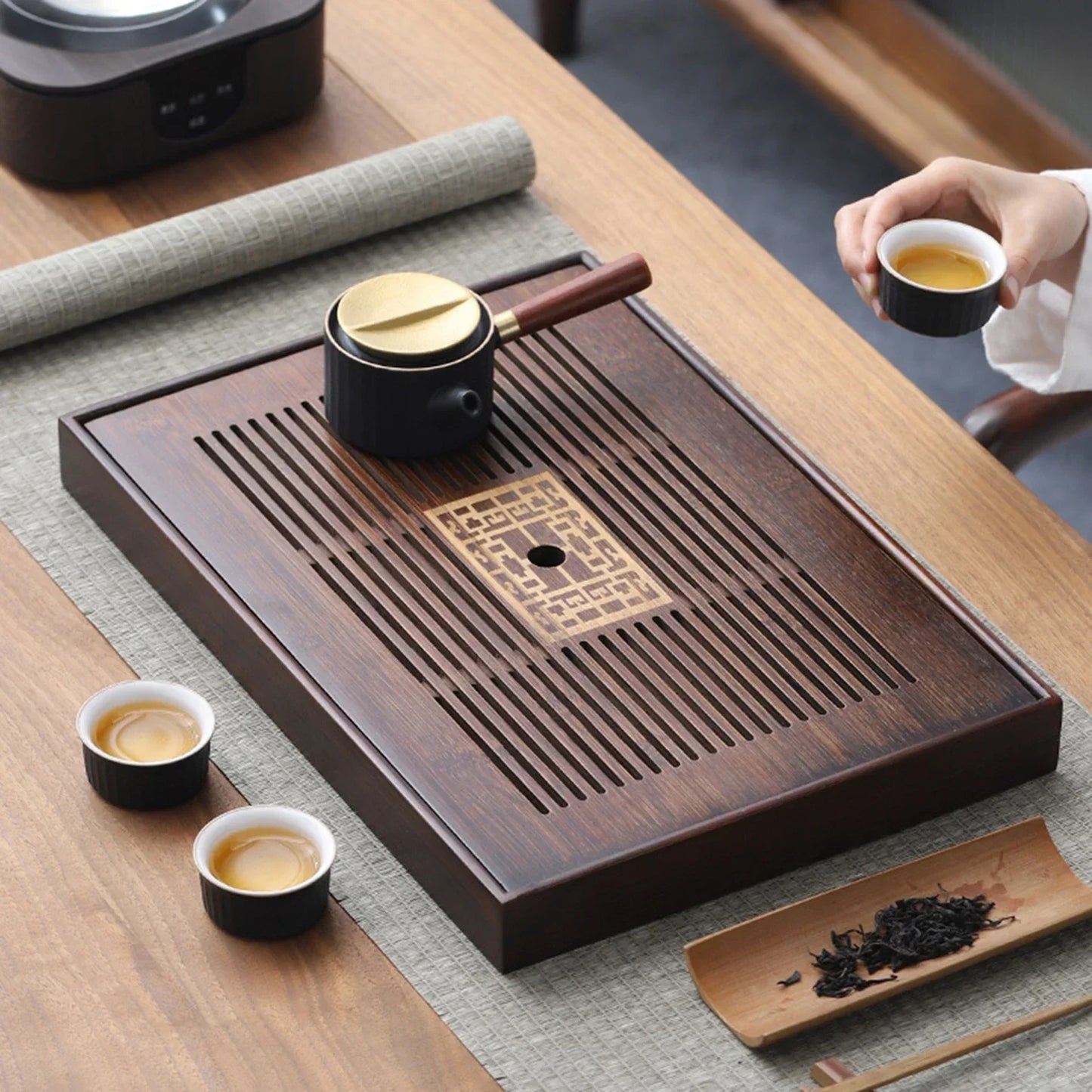 Chinesisches Teetablett mit Wasserlagerbox Haltbares einfaches Entwässerungstablett Teeservice-Tablett für Teestube Zuhause Haushalt Büro