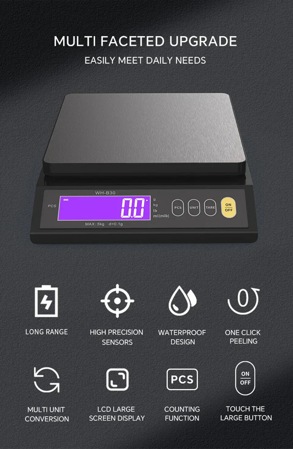 Brehn | 5 kg/0,1 g und 10 kg/1 g digitale elektronische Küchenwaage, LCD-Display, voll wasserdichtes Edelstahl-Waagetool zum Backen