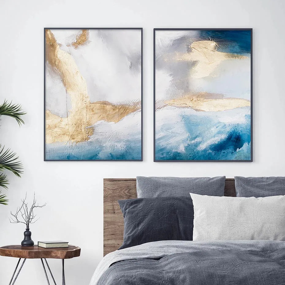 Serene Seascape Wandkunst Abstrakte Ozeanwellen mit goldenen Akzenten Fine Art Leinwanddrucke Bilder für Wohnzimmer Schlafzimmer Nordic Wohnkultur | Brehn