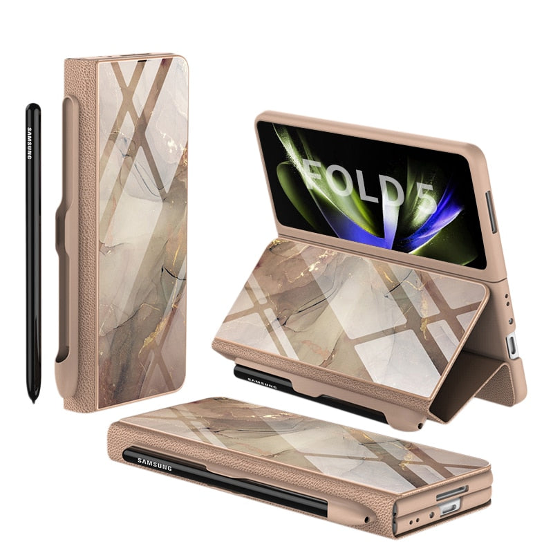Brehn | Stoßfeste Rüstungshülle Hülle Glas Abdeckung Ständer Einfügkarte Lederhülle für Samsung Galaxy Z Fold 5/4
