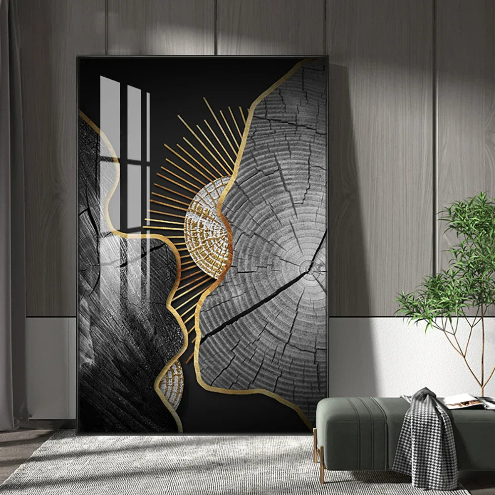 Abstrakte schwarze goldene Baumringe Wandkunst Fine Art Leinwanddrucke Licht Luxus Bilder für Wohnzimmer Foyer Eingangsbereich Empfangsraum Kunst Dekor