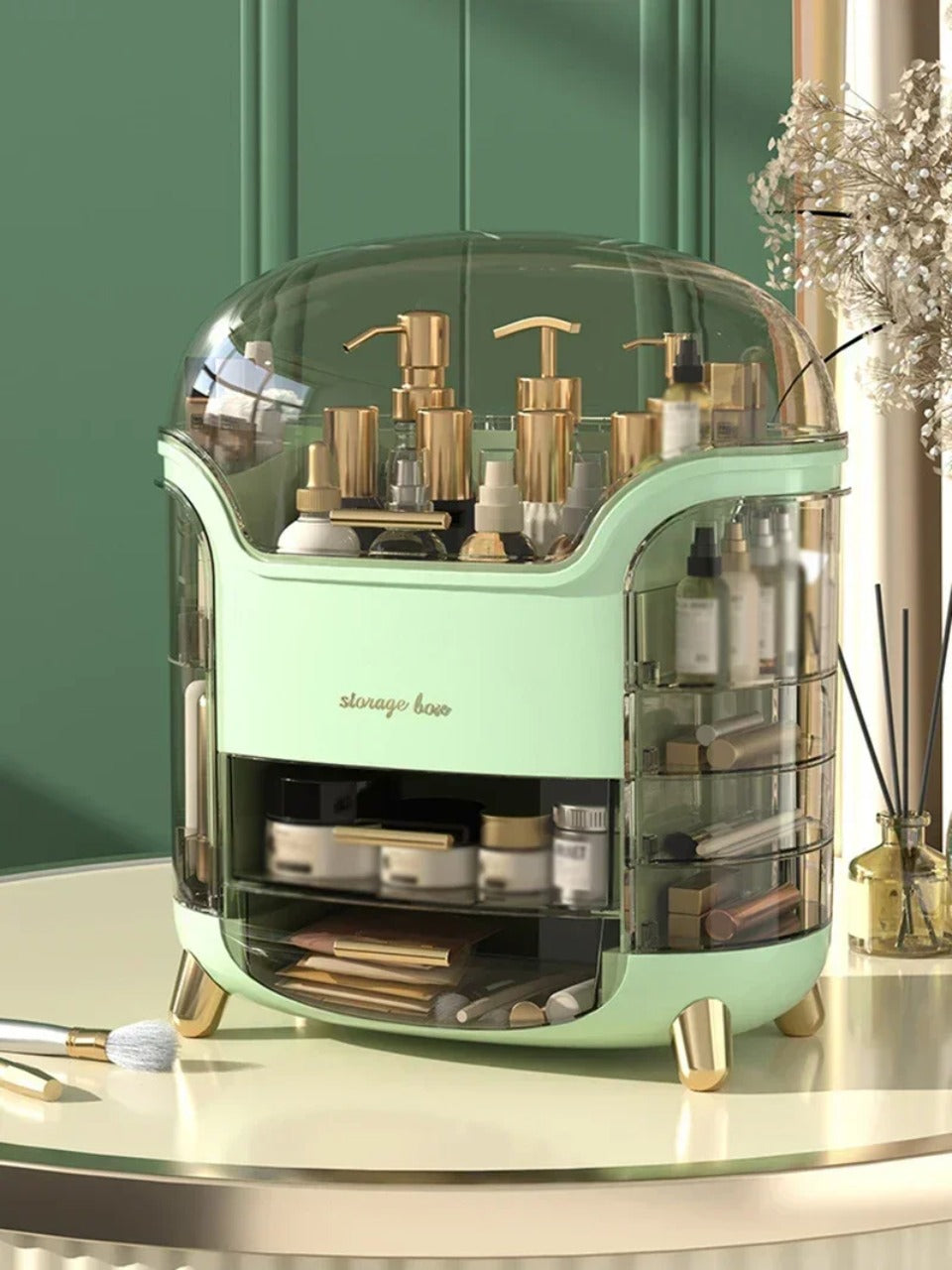 Luxuriöser transparenter Makeup-Organizer mit rotierenden Türen und Schubladen | Brehn