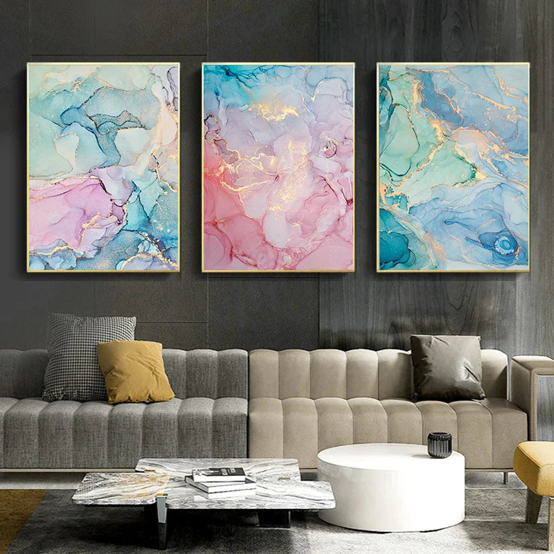 Bunte Schattierungen von Pink Blau Jade Flüssig Marmor Druck Wandkunst Feine Kunstleinwand Drucke Bilder für Wohnzimmer Schlafzimmer Hotel Salon Kunst Dekor | Brehn