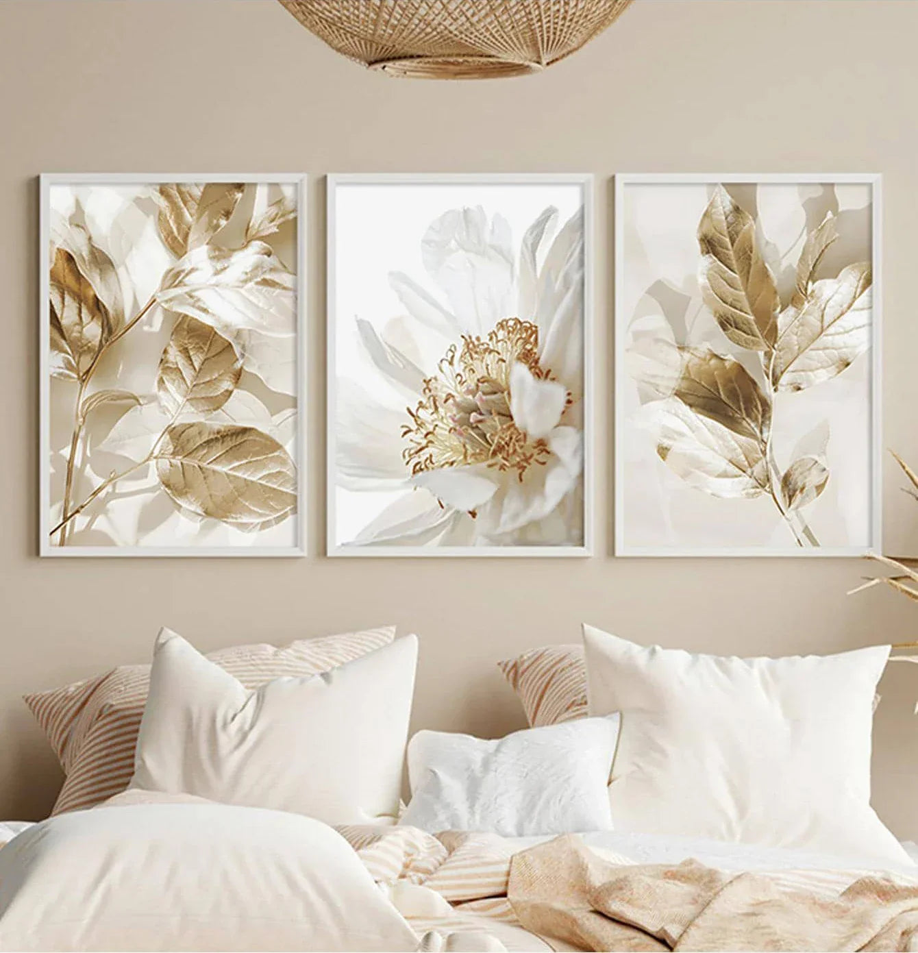 Moderne weiße & goldene florale Wandkunst feine Kunst Leinwanddrucke Bilder für Wohnzimmer Esszimmer Schlafzimmer Kunst Dekor (Set von 3 Stück) | Brehn