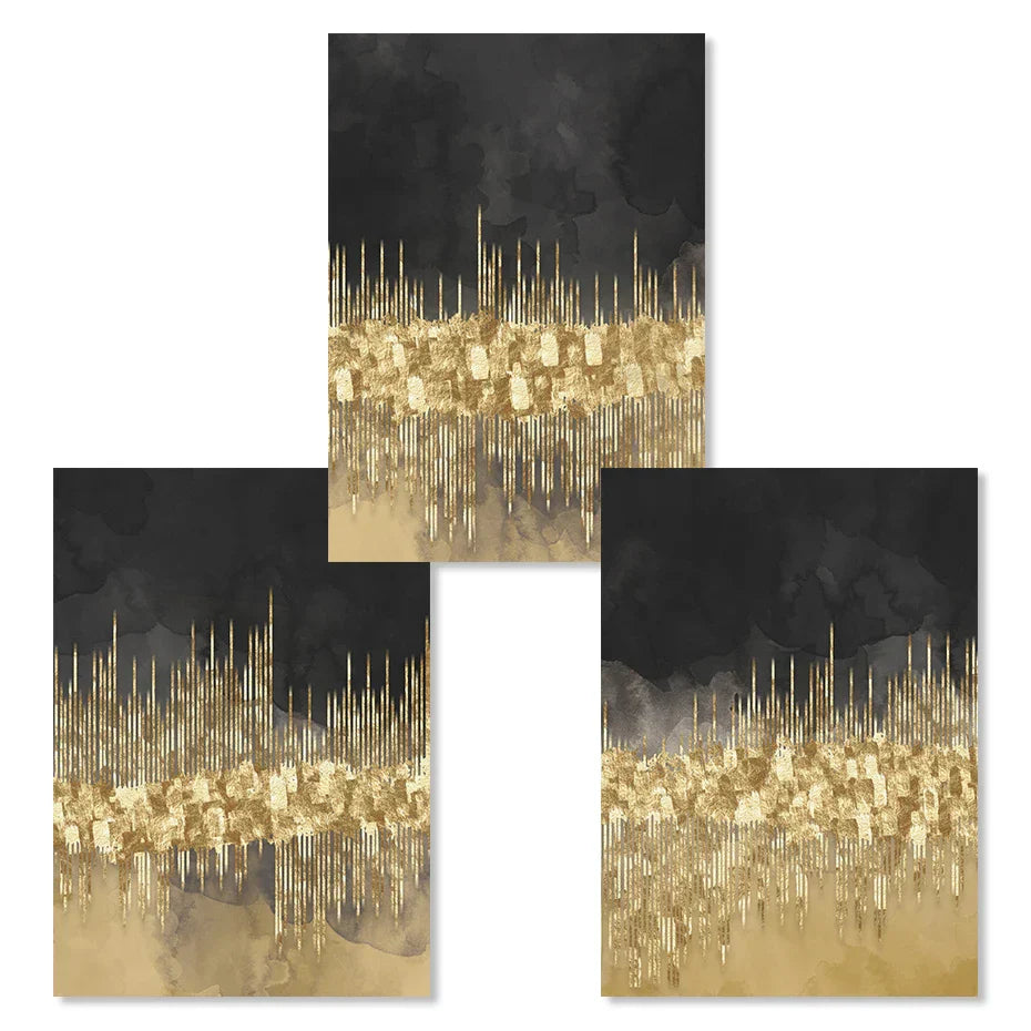 Abstrakte goldene Stadtlandschaft auf schwarzem Aquarell-Leinwanddruck Wandkunst leichte Luxusbilder für Wohnzimmer Schlafzimmer Home Office Dekor | Brehn